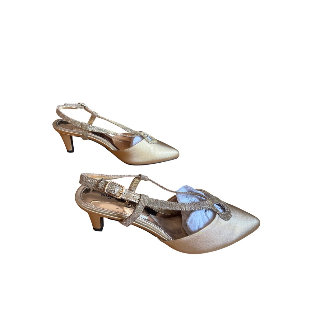 New Easy Street Alive @ 5 Finesse Gold Satin Glitter Slingback Pumps Wide 8.5W